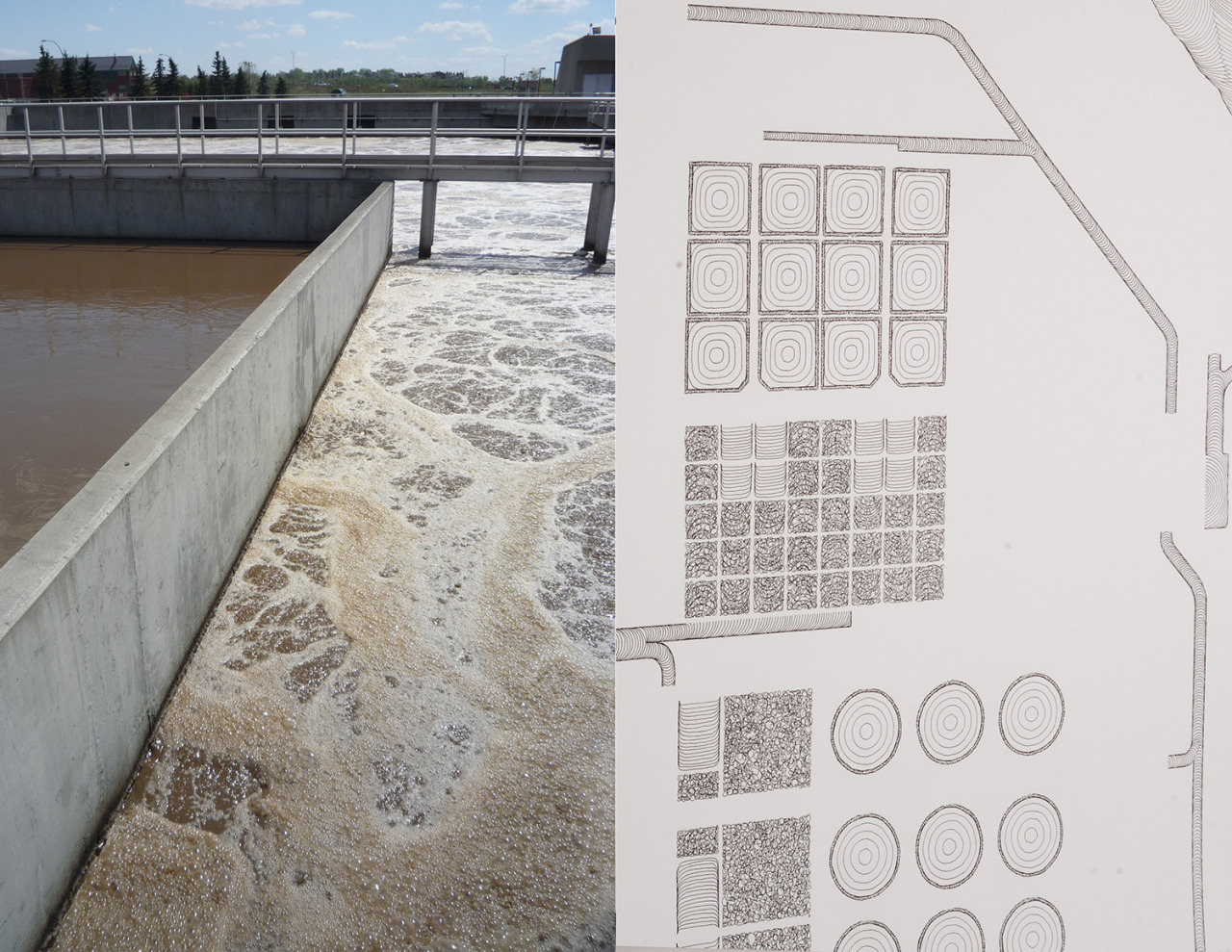 Pages from Only Flow publication in support of TRUCK show. With the help of The Water Centre staff I chose a specific area of SE Calgary to begin two large scale drawings. It included the Bonnybrook Waste Water Treatment facility where I spent time observing the flows of different treatment processes.