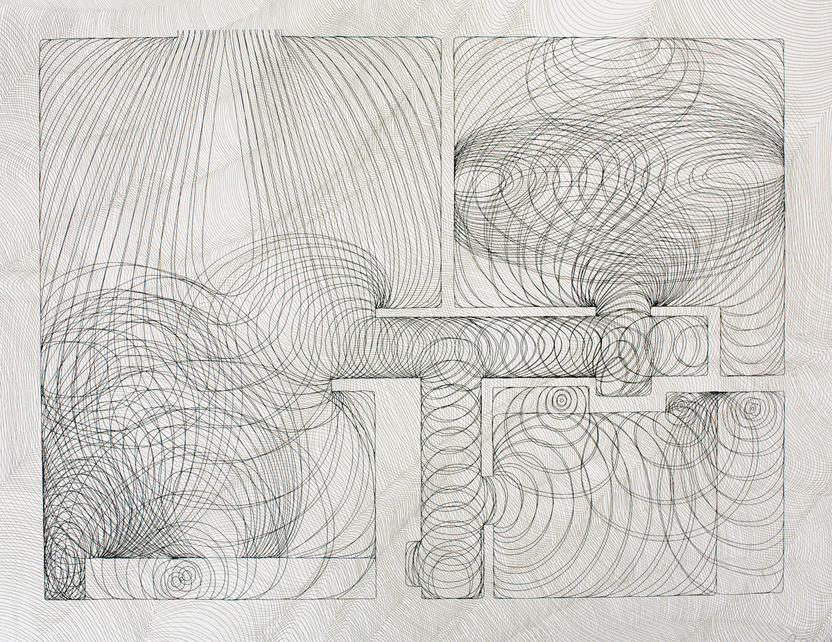 104 23 Ave SW, Screen print, 2013 Imagining the flow of floodwater that destroyed a basement apartment in Calgary, June 2013. Two of my friends lost their home, and this piece was the result of conversations and collaborative drawing between us as we imagined the flow through the interior space. 