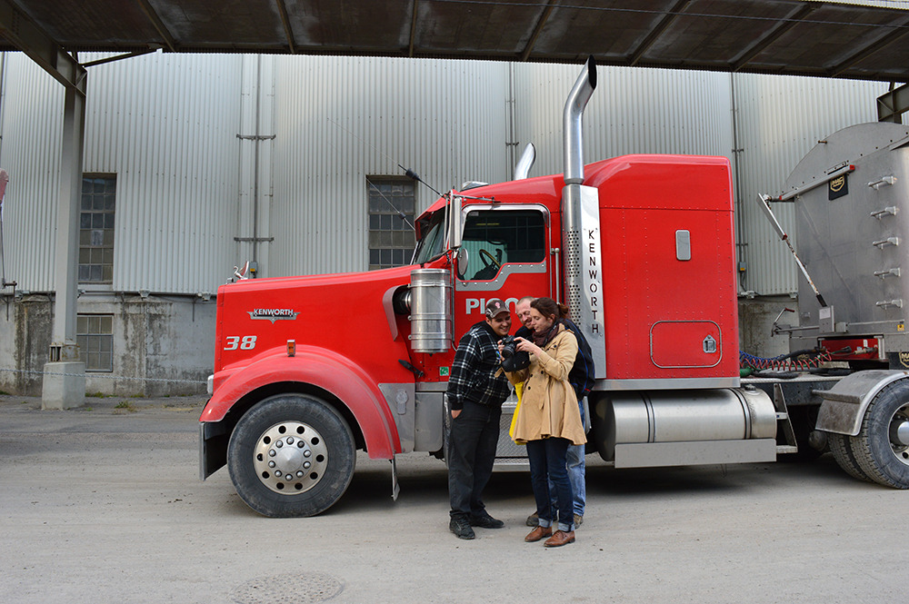 Getting on the road. Bronwen making friends with the truckers.