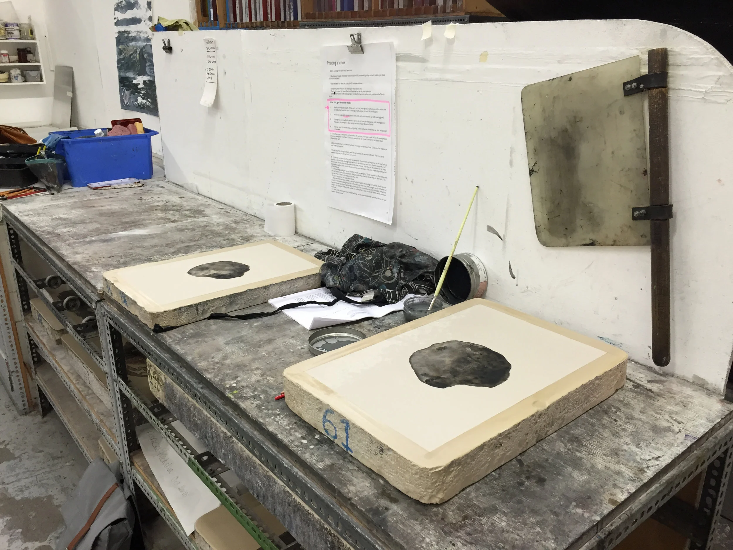 Drawing asteroids on litho stones at Edinburgh Printmakers; imagining the Manicouagan asteroid. 
