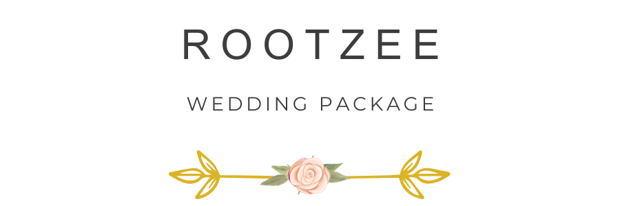 Wedding package card with the words 'ROOTZEE WEDDING PACKAGE' and a pink rose with green leaves and gold decorative accents below