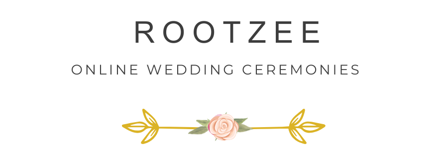 Banner for ROOTZEE online wedding ceremonies featuring a pink rose with green leaves and gold decorative elements.