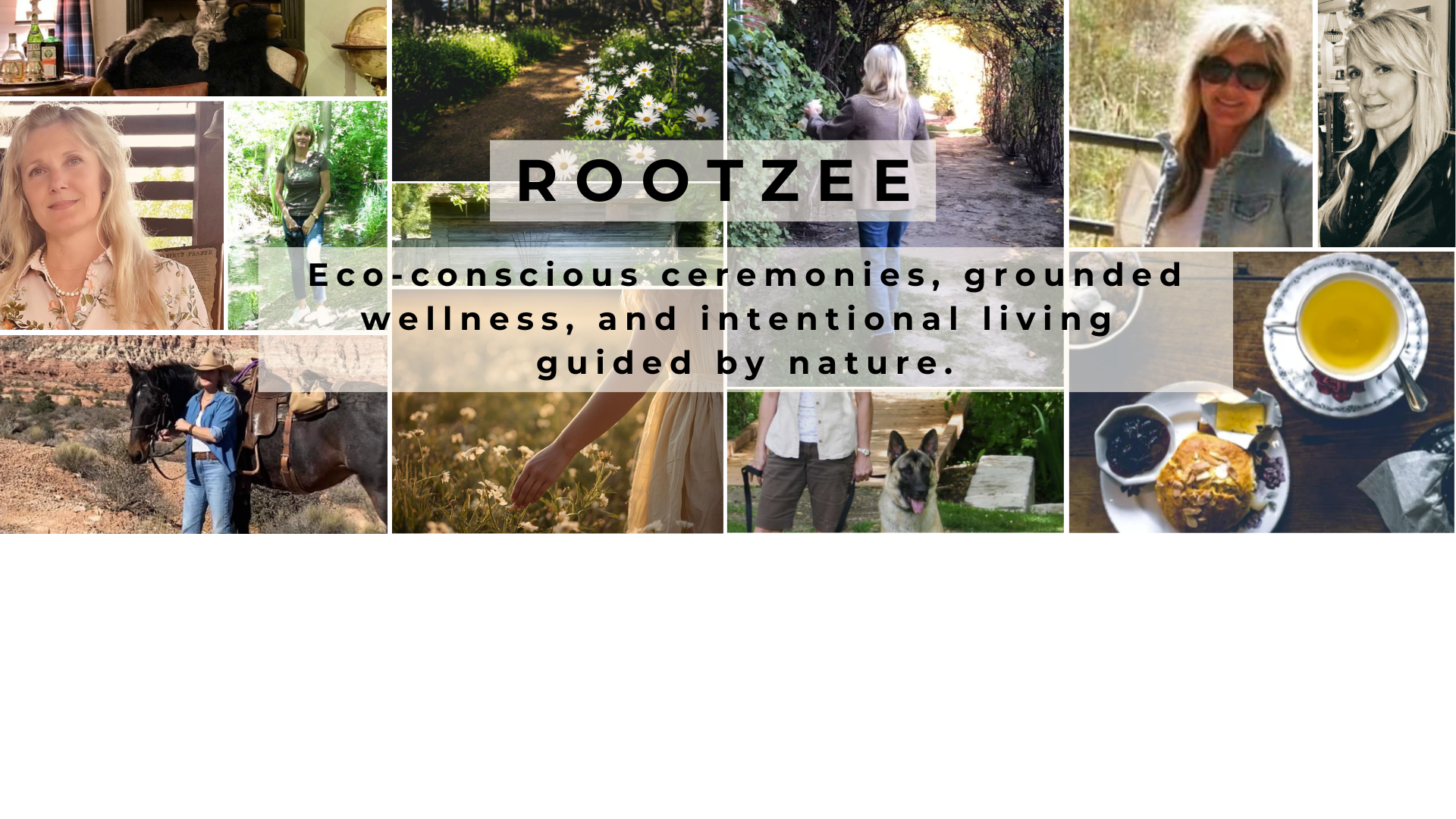 Collage of photos promoting eco-conscious living, including nature walks, a woman on horseback, a woman with her dog, women relaxing and enjoying tea and baked goods, and a woman with cats, highlighting wellness and nature-inspired lifestyles.