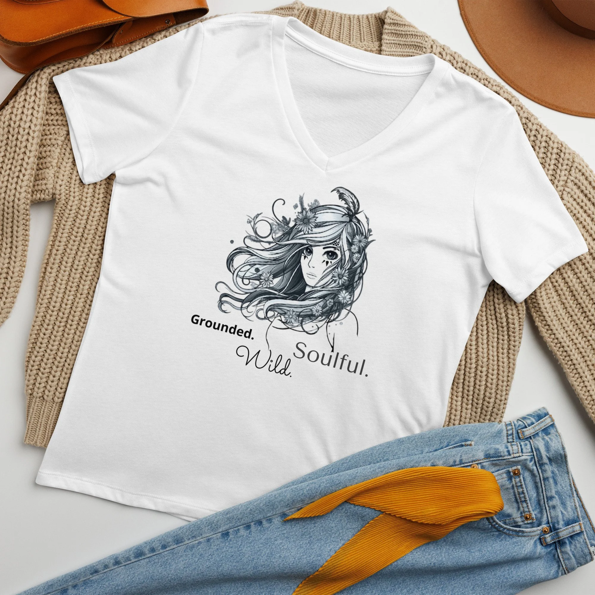 Grounded. Wild. Free.  Relaxed Fit  V-neck Tee