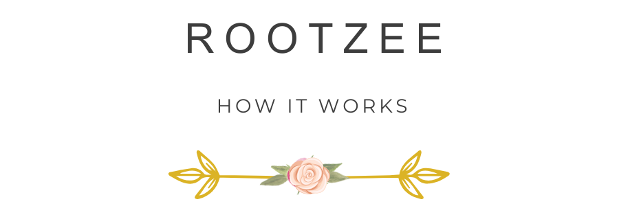 Rootzee logo with the text 'How It Works' and a pink flower with green leaves and gold accents underneath.