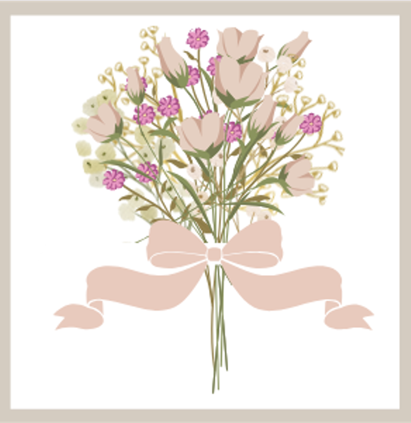 A digital illustration of a bouquet of pastel-colored flowers with a pink ribbon tied around the stems.