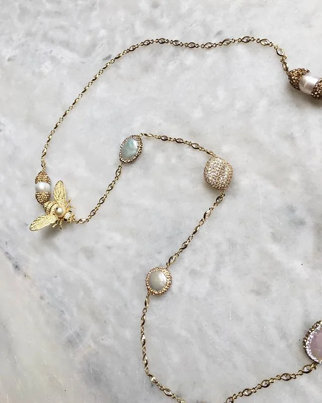 Our latest jewellery range draws inspiration from the earth and the nature around us. Introducing our beautiful and elegant Gucci inspired Bee necklace with crystals and pearls &ndash; follow us to see the revealing of our latest items in October!🐝❤