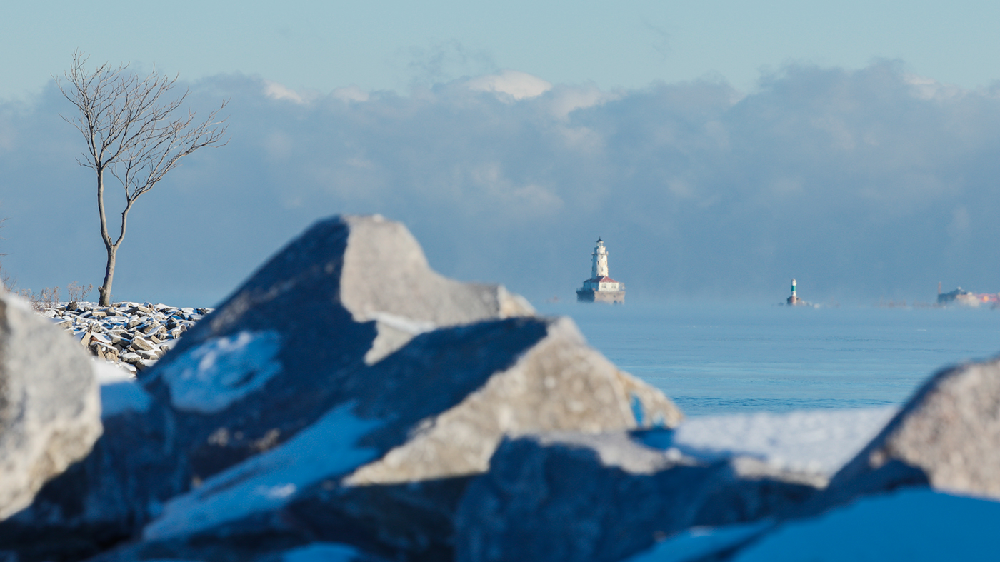 Lighthouse and water crib Lake Michigan from Northerly Island