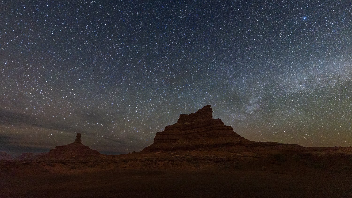 milky way, night sky, buttes, rock silhouettes, valley of the gods, bears ears national monument, utah