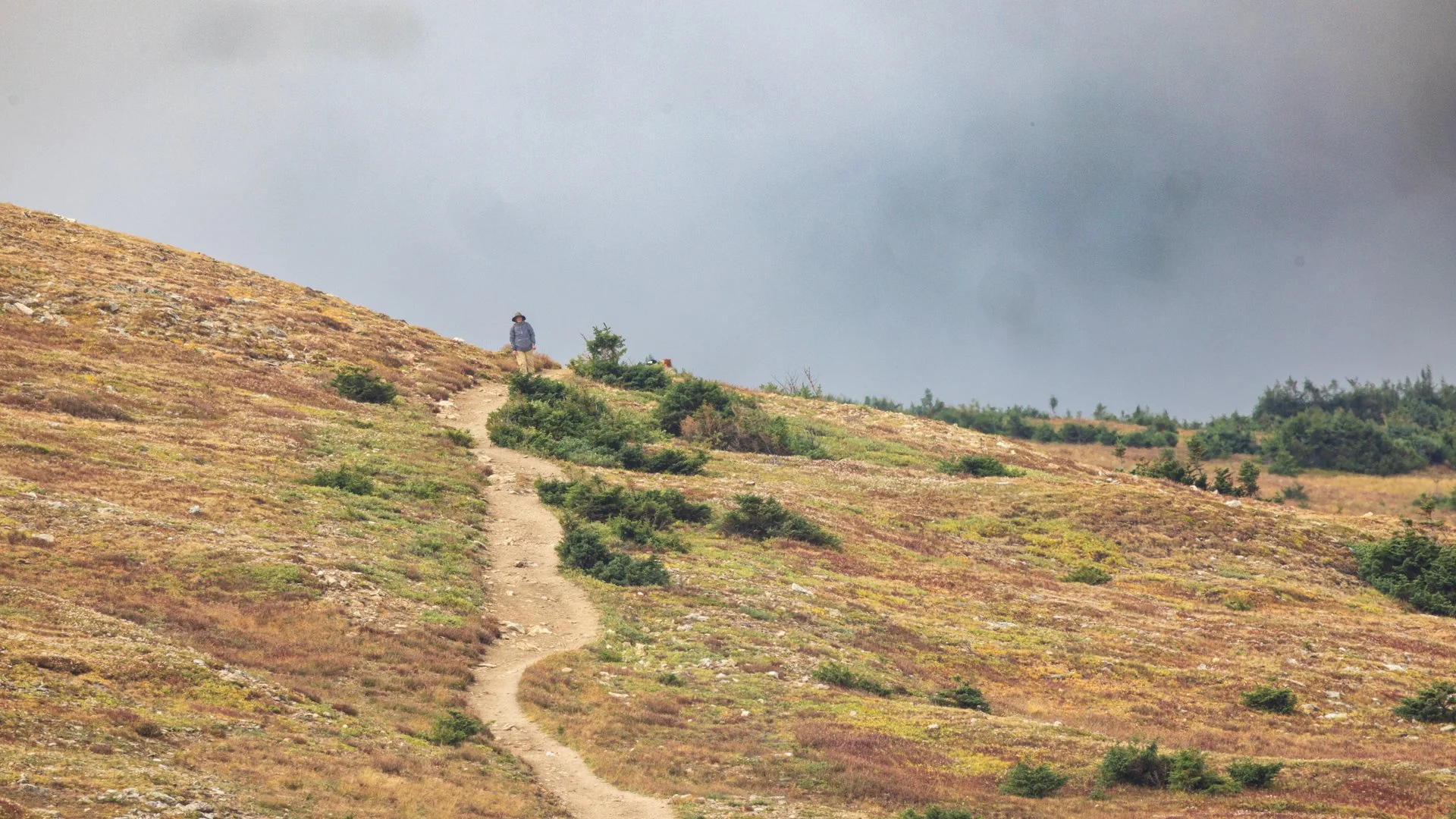 Lone hiker on alpine trail in autumn with storm clouds