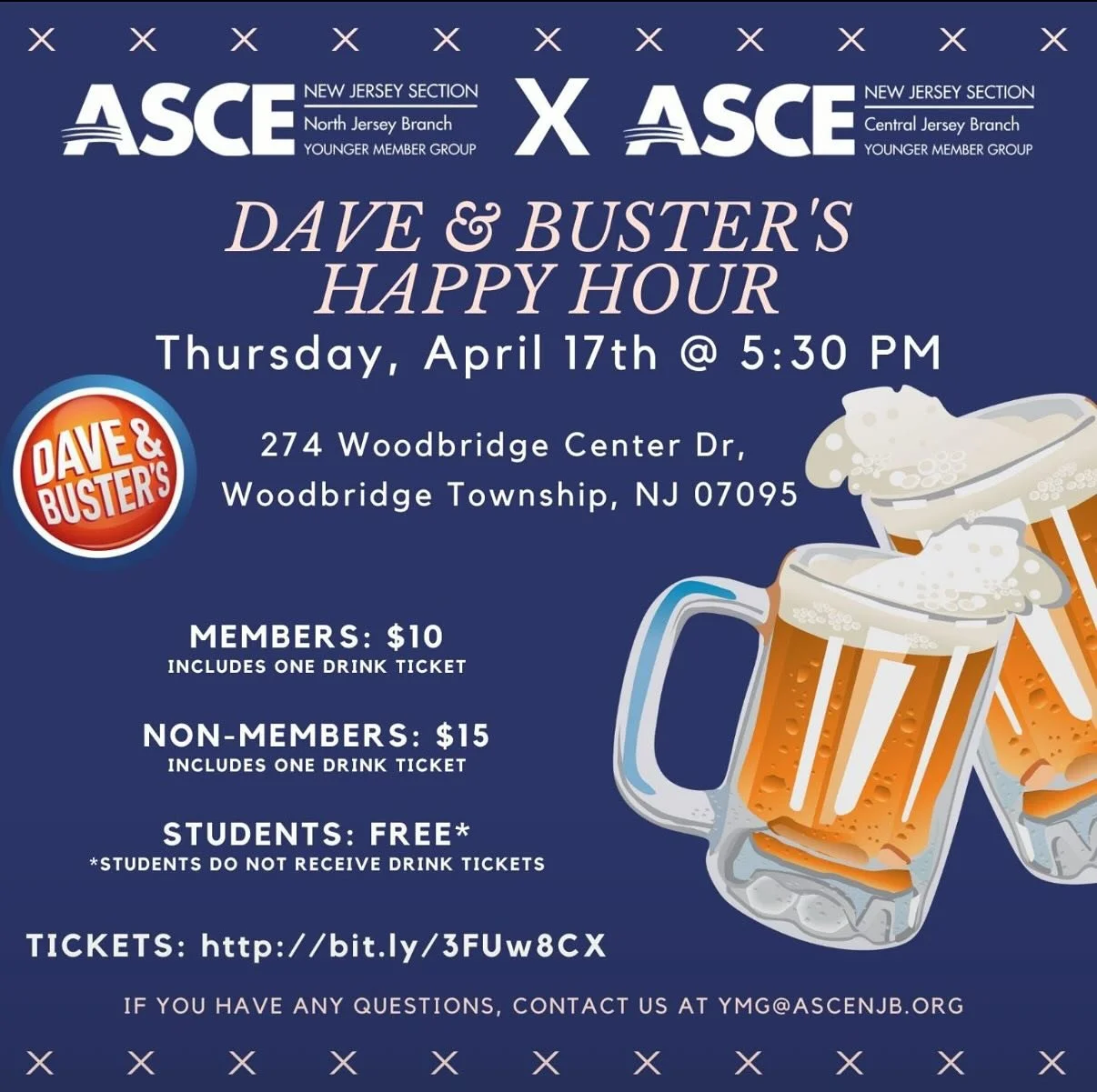 ASCE North Jersey and Central Jersey Branch Younger Member Groups are proudly hosting their Dave and Buster’s Happy Hour on Thursday, April, 17th from 5:30 PM onwards at the Woodbridge Center Location. Please join us for an event of networking