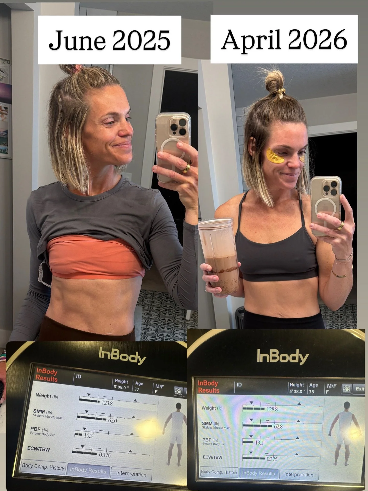 Let&rsquo;s talk body fat.

Left photo: end of an 8-week cut.
Right photo: almost a year later&hellip; living my actual life.

And if you zoom in on the data 👇
My weight went UP.
My body fat went UP.
My muscle went UP.

Most women would panic seeing