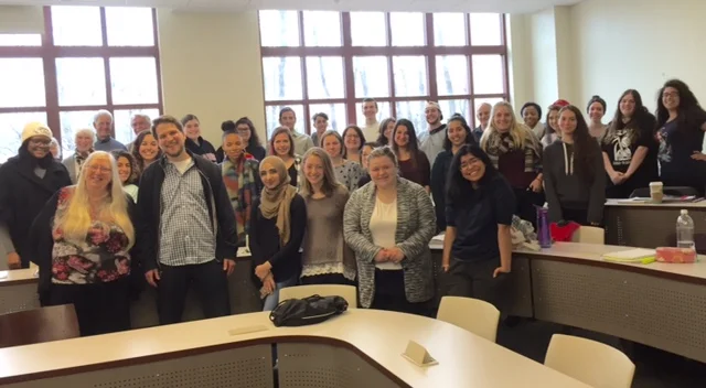 Eiléan Ní Chuilleanáin, Ireland Professor of Poetry, with students from the Women Poets class, April 2017