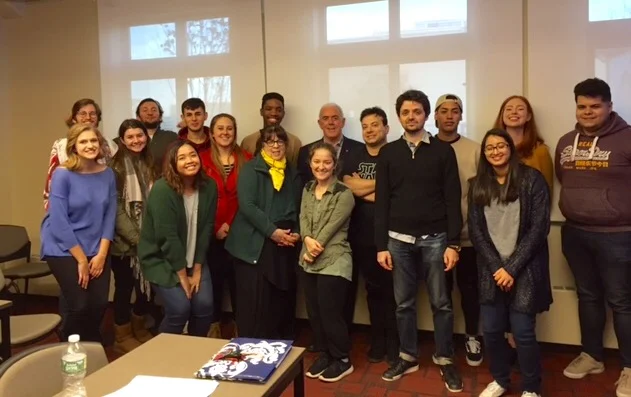 Writer and essayist Theo Dorgan, Dublin, with students from Modern Poetry to T. S. Eliot, November 2017