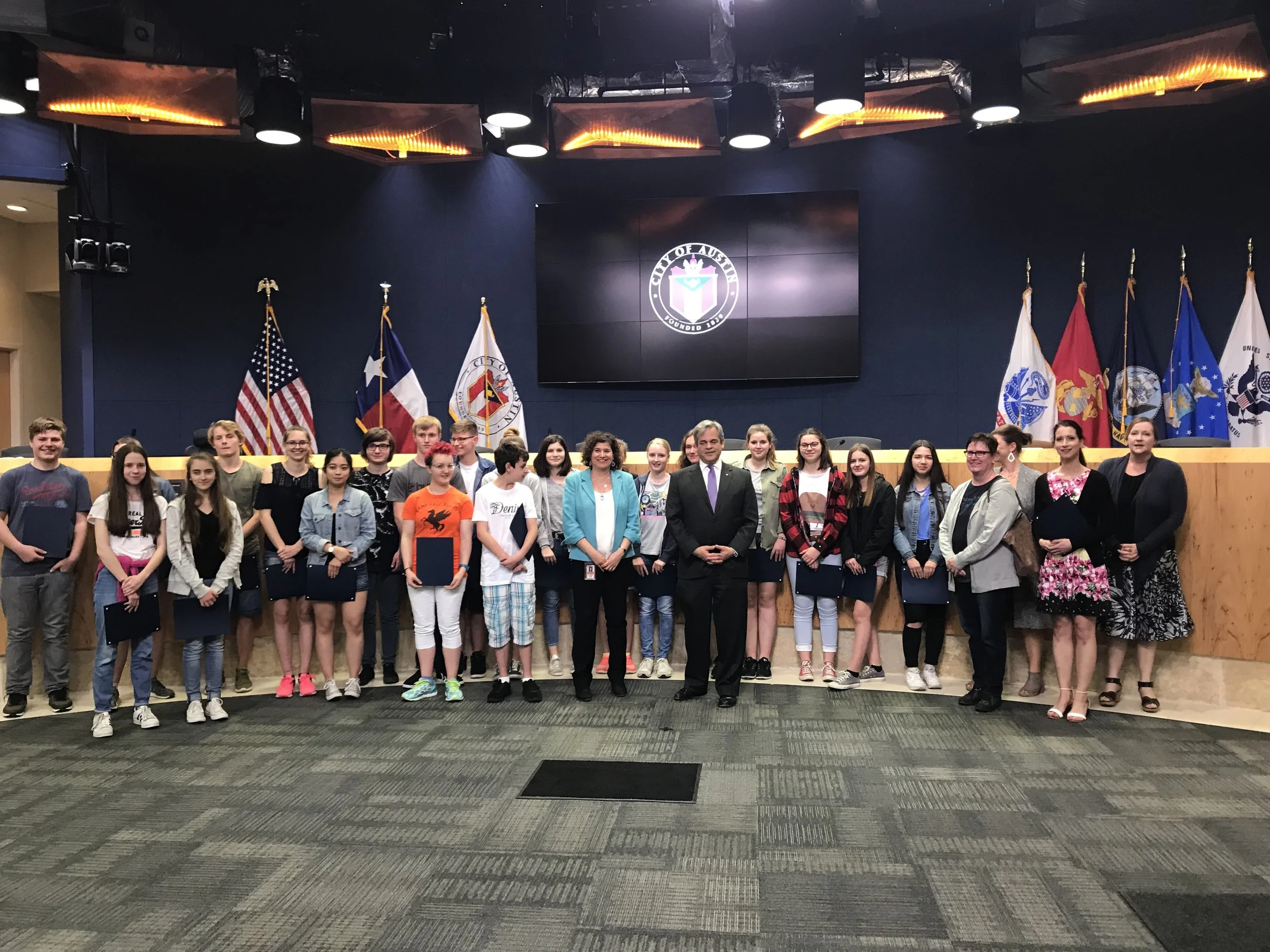 On Thursday, March 22, Mayor Steve Adler and Council Member Alison Alter recognized the Austin-Koblenz Secondary Student Exchange and its 27 years of operations. The Koblenz students were awarded certificates as Honorary Austin Citizens and the Austin host students were given certificates of appreciation for being ambassadors for Austin.