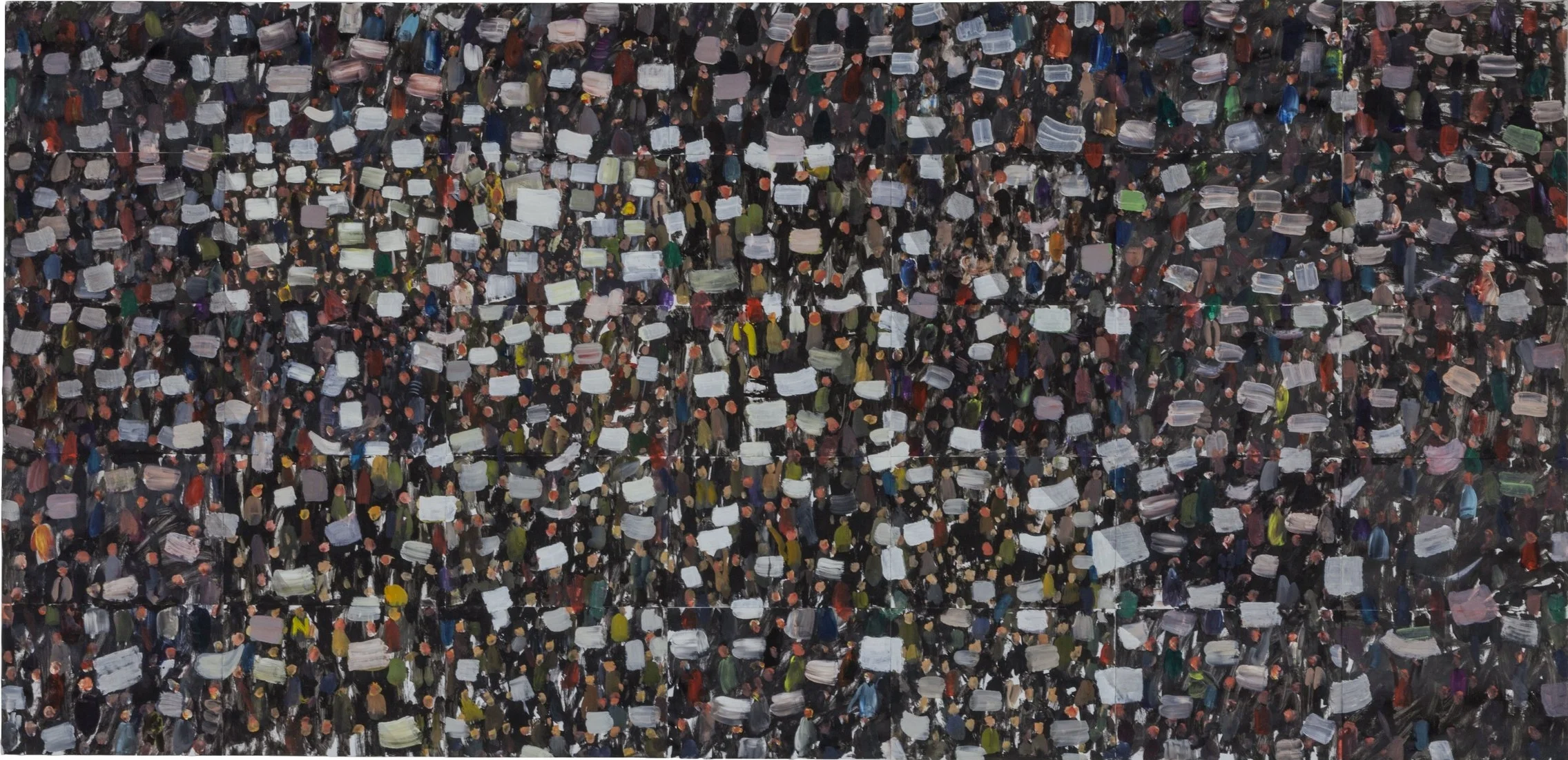   BLANK TITLE / 2016       Potential of the free speech      Focus of the Blank Title series is large format painting made of 35 pieces, carrying the same title as the exhibition.     Piece size over three meters from a distance looks like atmospheri