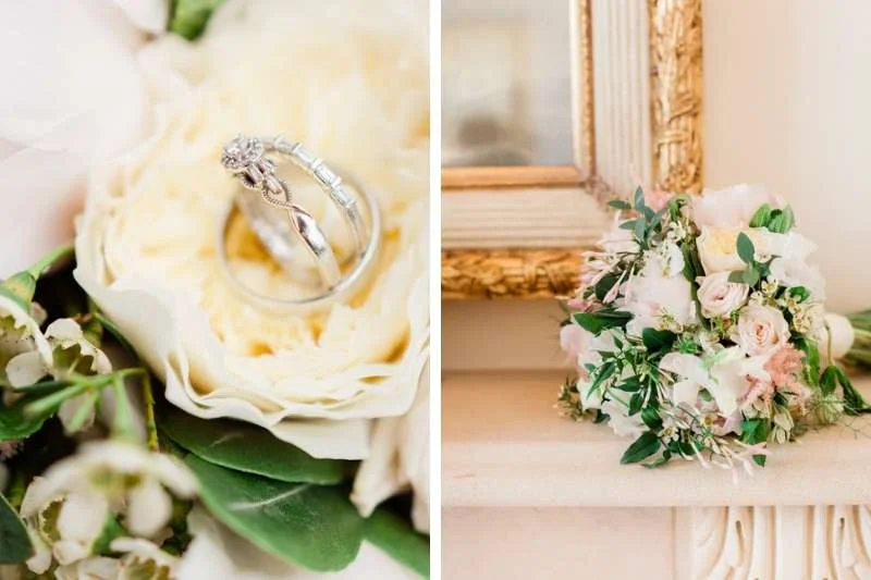 Platinum wedding rings placed inside a yellow peony of a wedding bouquet