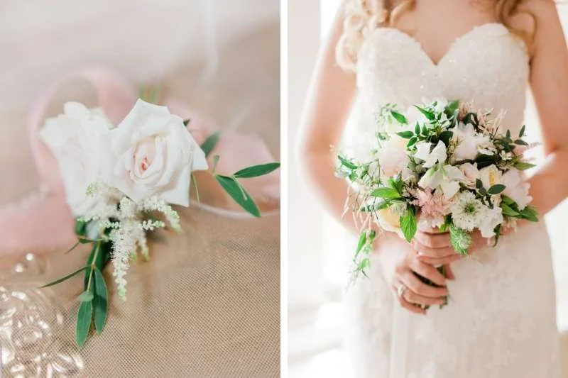 Close up of bride holding her wedding bouquet of soft peonies and baby white roses