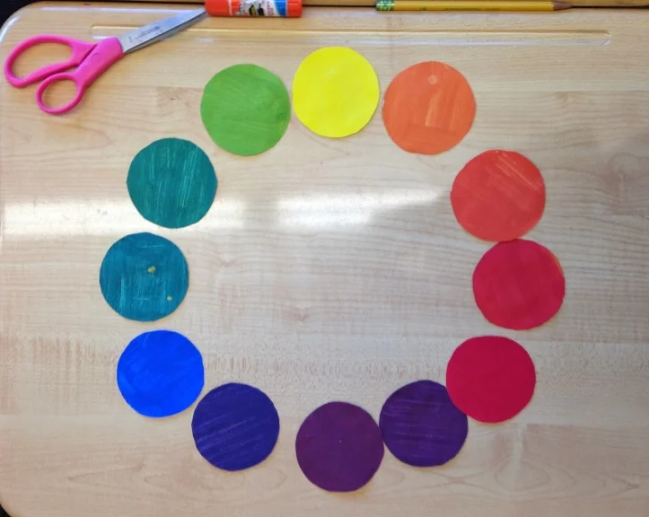 Cutting out and organizing our color wheels. 
