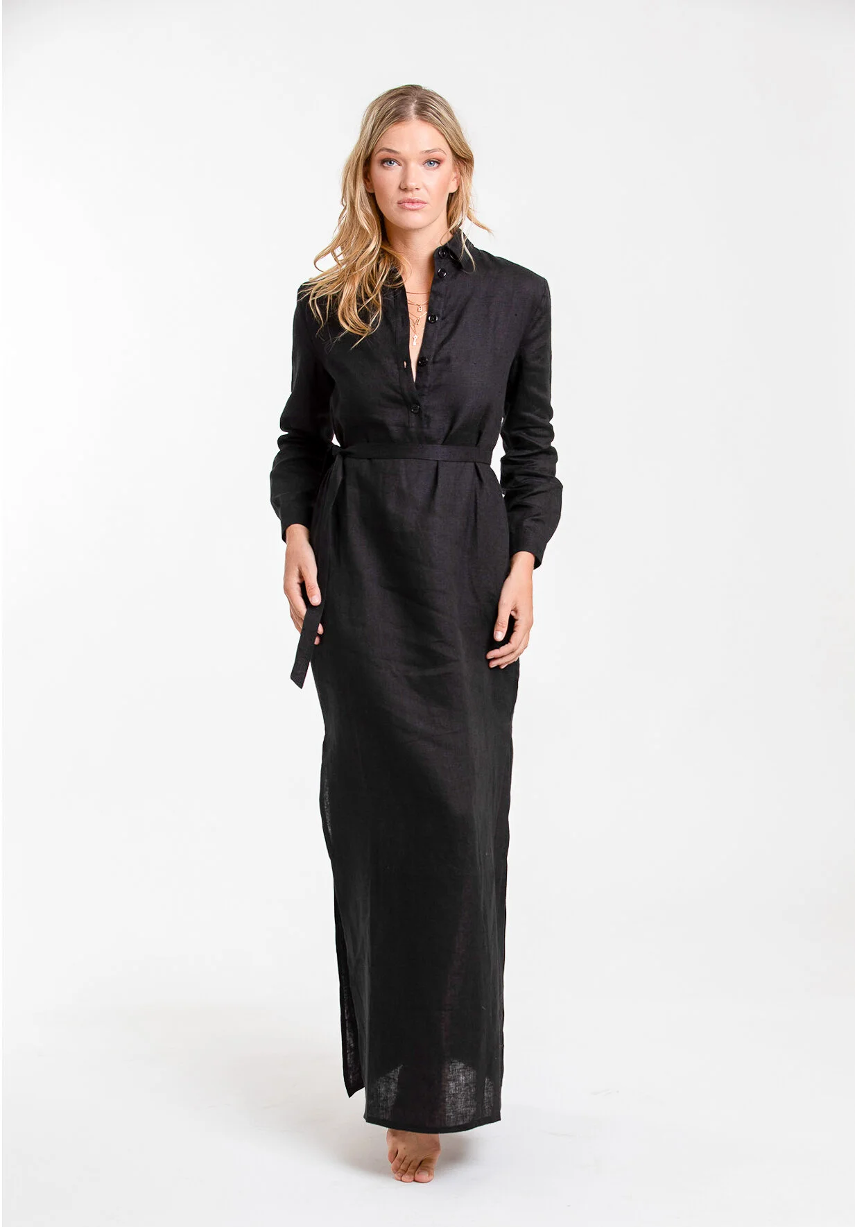 long black linen shirt dress AMELIA Long Linen Shirt Dress Black — ewosee