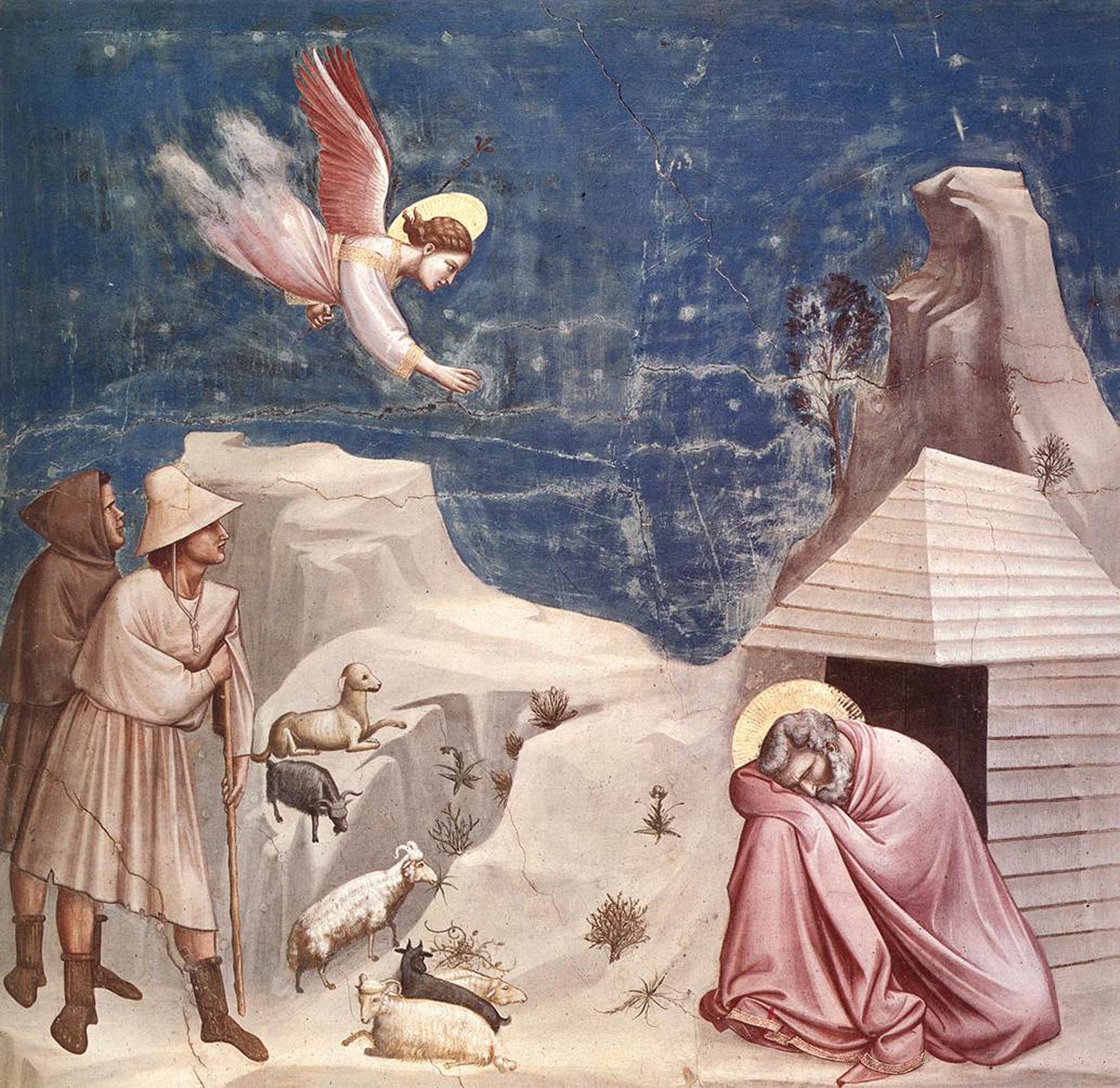 "The Dream of Joachim" - Giotto - 1305 I love that the perspective here is all messed, and this painting has no real focal point. It's a visual analog to those songs by Satie or Debussy that never rest on any tonal center . Do you know what I mean? ALSO, look at that skinny little dog. Ha.