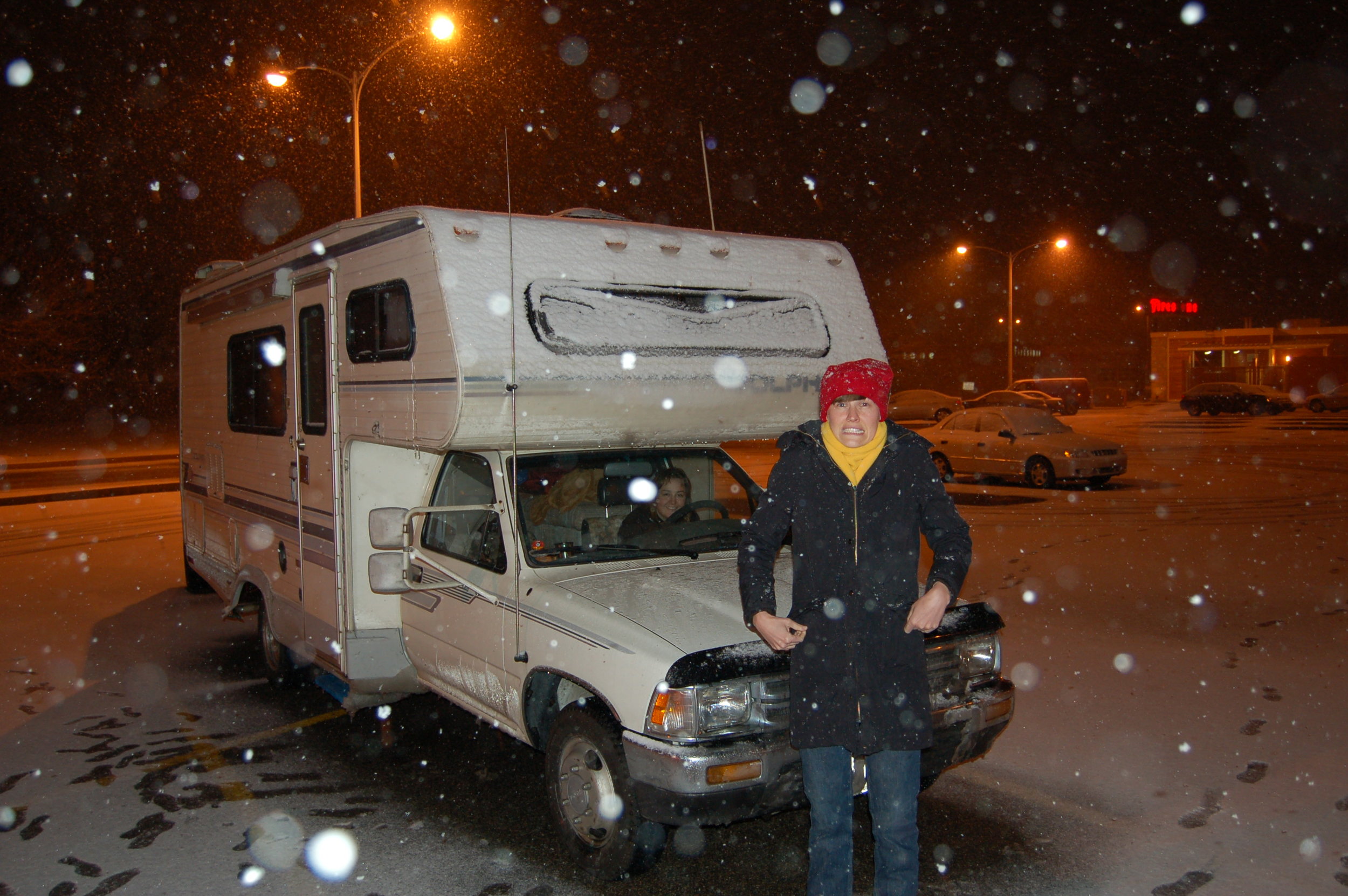 Detroit, MI We had never driven in a blizzard before the one that was just starting when this picture was taken. We had to ask the waitress in Applebee's what we were supposed to do, and what we were not supposed to do in these conditions. She just told us to be careful, and we were. No accidents! Jessie did most of the driving and she guided the motorhome with a steady hand.