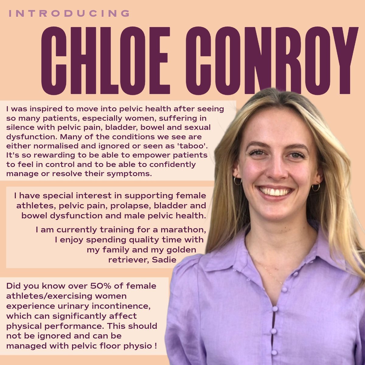 ✨ Meet Chloe ✨

Chloe is passionate about helping people take control of their pelvic health. After seeing so many patients&mdash;especially women&mdash;struggling in silence with pelvic pain, bladder, bowel, and sexual dysfunction, she was inspired 