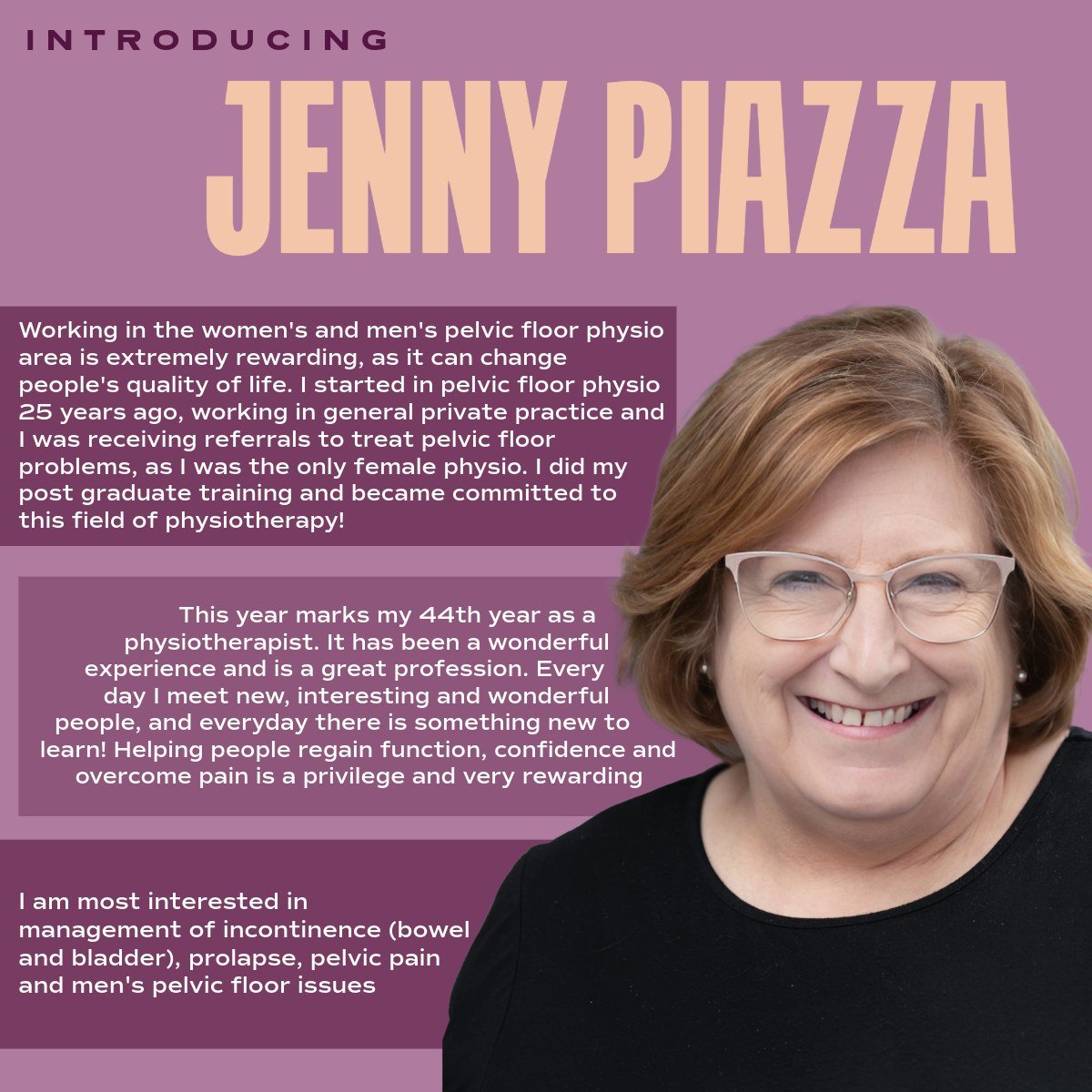 ✨ Meet Jenny ✨

Jenny is a highly experienced physiotherapist with a deep passion for pelvic floor health, working across both women&rsquo;s and men&rsquo;s pelvic health. She is dedicated to helping people improve their quality of life through compa