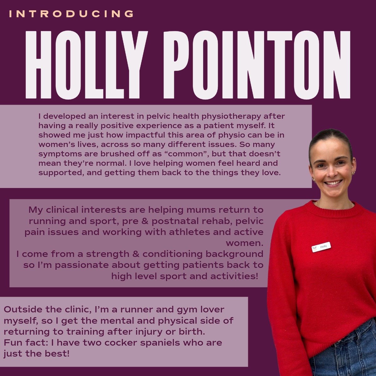 ✨ Meet Holly ✨

Holly is a pelvic floor physiotherapist who loves supporting women through all stages of their pelvic health journey 🤍

Her interest in pelvic health began after a positive experience as a patient herself, which showed her just how l