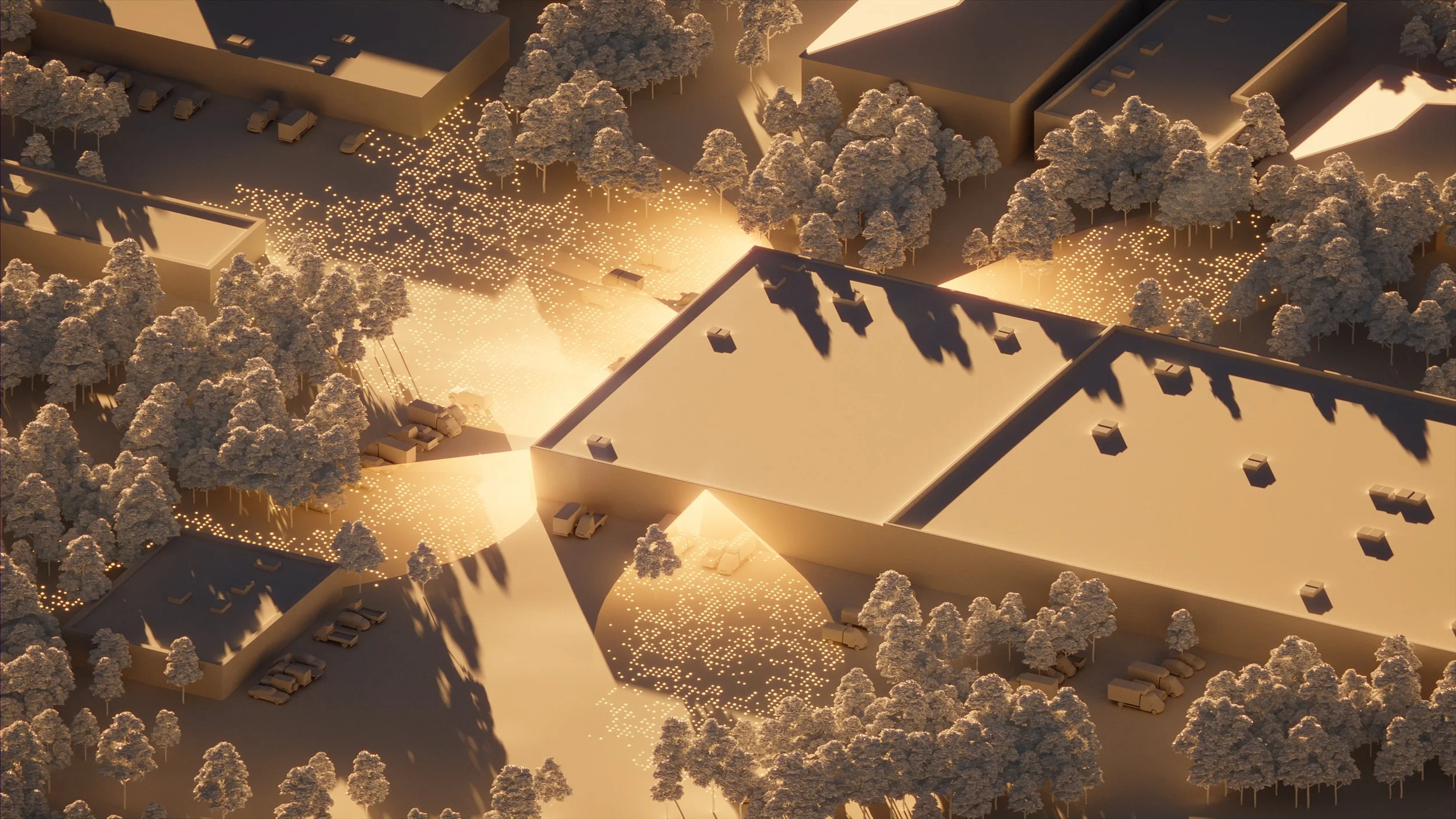 Digital artwork featuring isometric camera pointing at simplified buildings and revealed dot patterns