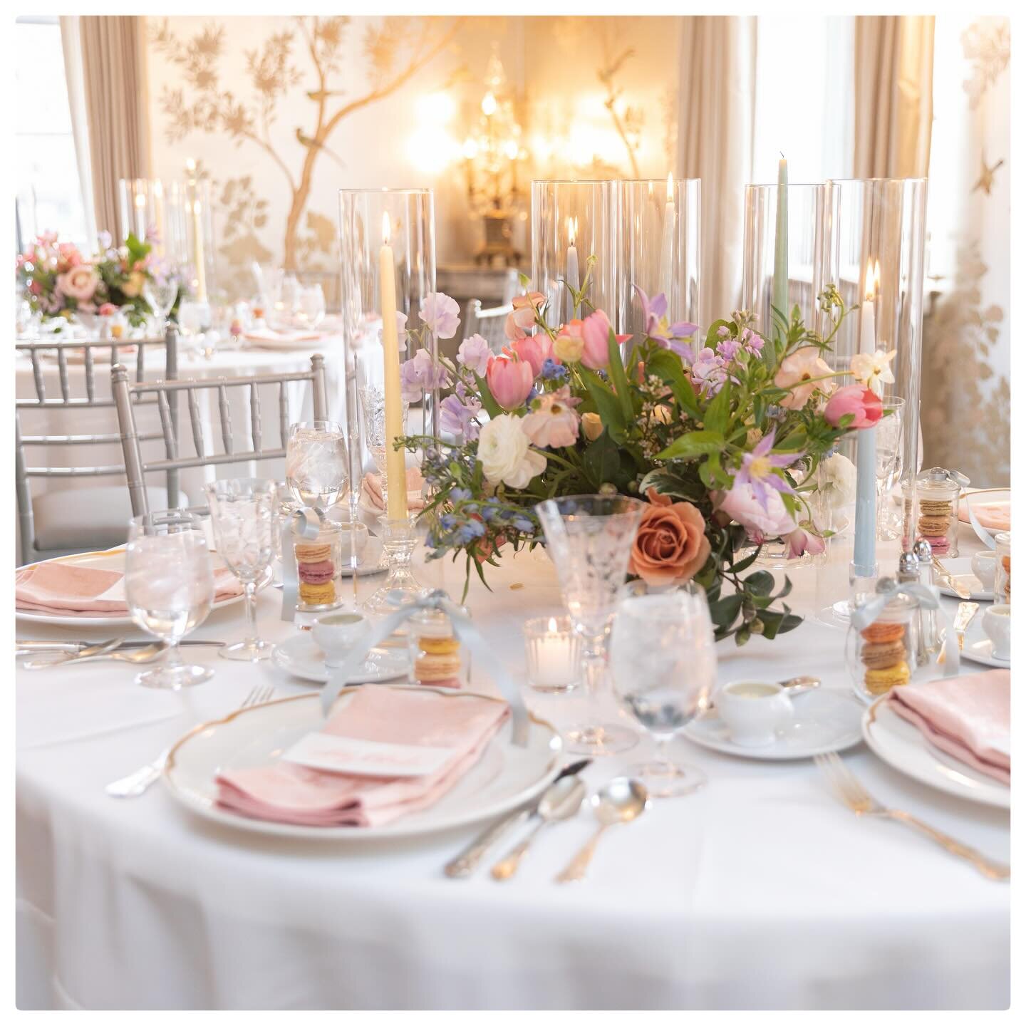 when we design a tablescape we pay attention to the details and add components that make sense and add to the experience. macarons that complimented the color palette (these were actually reordered last minute because the first batch came in a too st