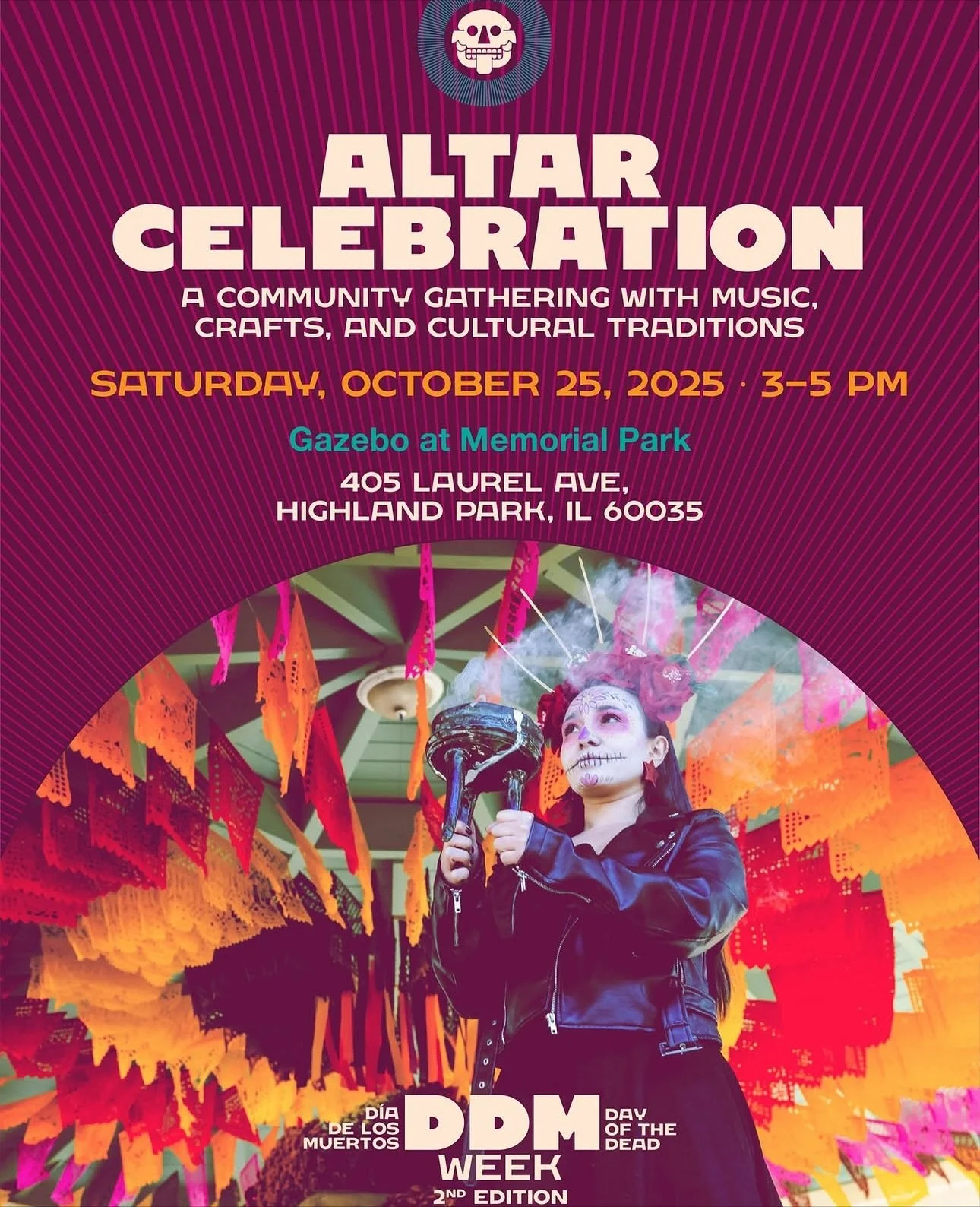 DDM week kicks off this Saturday with the opening of the ofrenda in Memorial Park, Highland Park. This week long celebration of Dia de Los Muertos begins with music, crafts, and cultural traditions at the gazebo…a beautiful way to honor and st