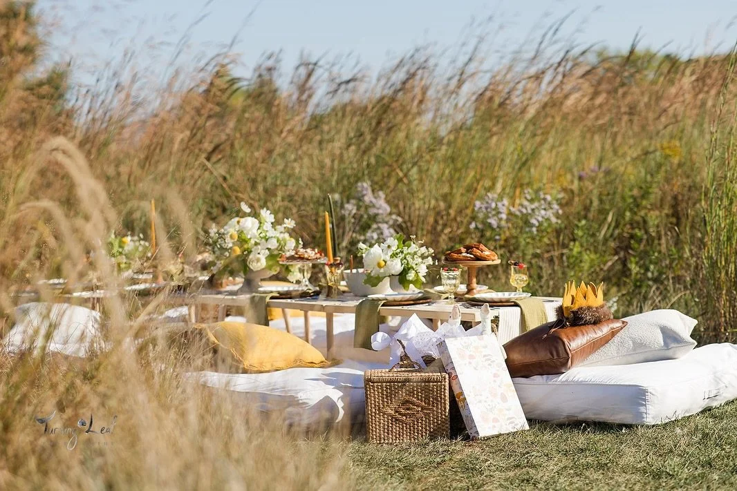 earlier this season, we set a picnic in the golden prairie of fort sheridan to surprise our designer, Diane with a baby shower celebration. our team set the scene with floor picnic tables nustled in the grasses, with a soft &ldquo;where the wild thin