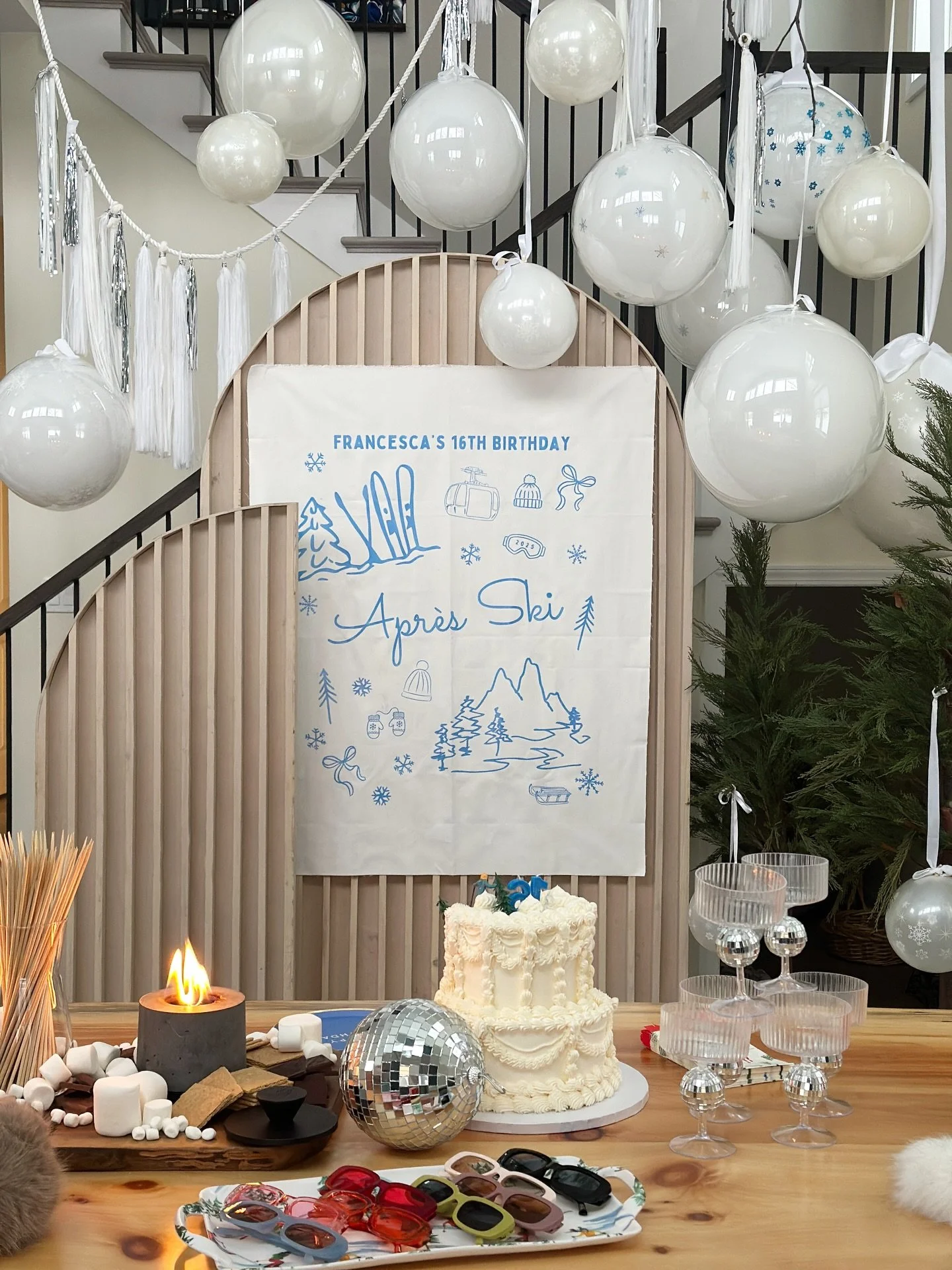 francesca&rsquo;s 16th apr&eacute;s ski party. they skied, they hot tubbed, they s&rsquo;mored, decorated sunnies, danced, and ate cake. the backdrop was a multi friend effort, getting it up to wisconsin, foraging sticks for dimension and hanging the