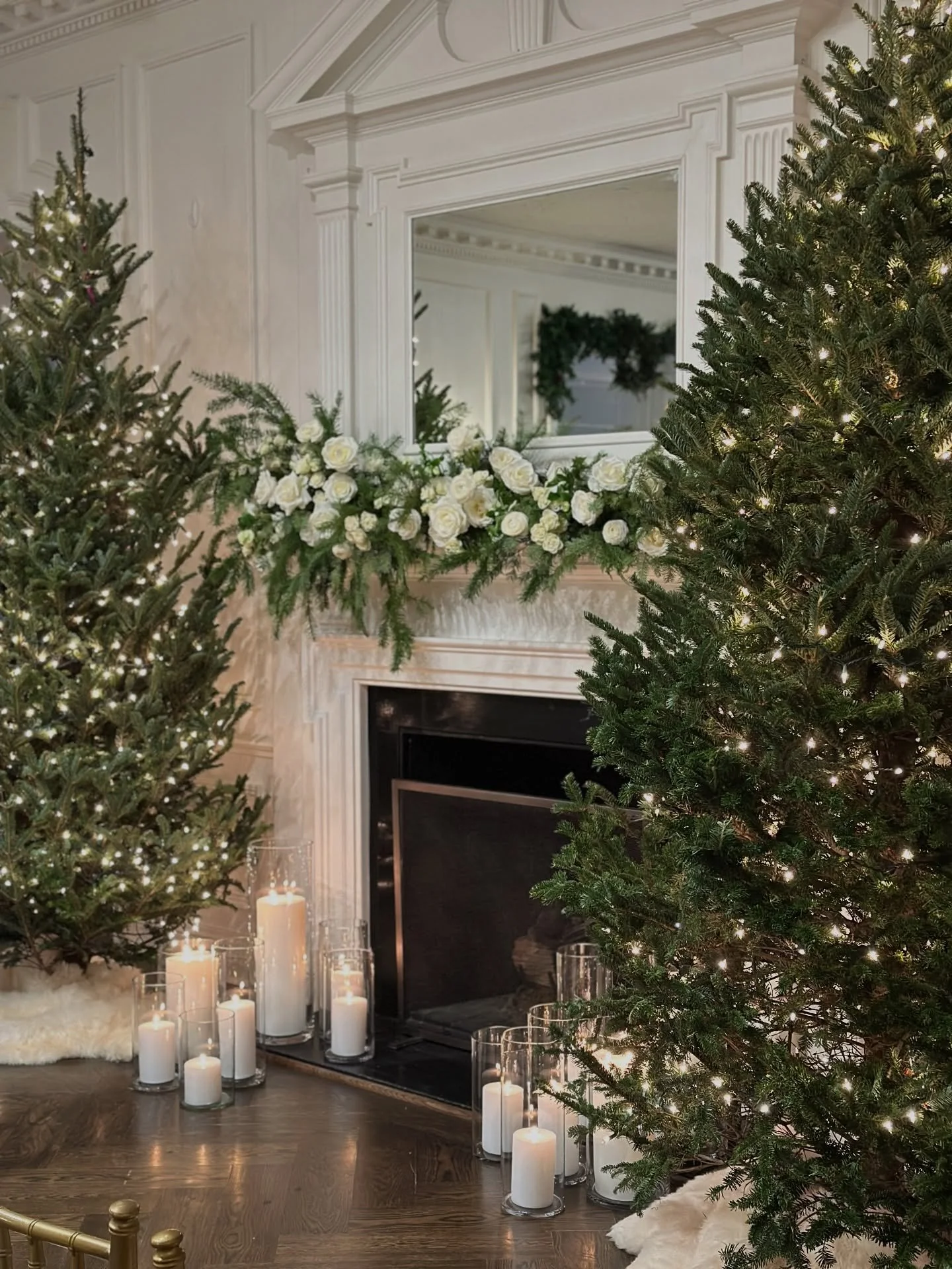 white christmas wedding &hellip; the clean aesthetic in the ballroom at exmoor set the tone for this classic and elegant winter celebration for maddie and sam. we simply dressed the ceremony with trees flanking the fireplace @itstheflowerhouse dresse