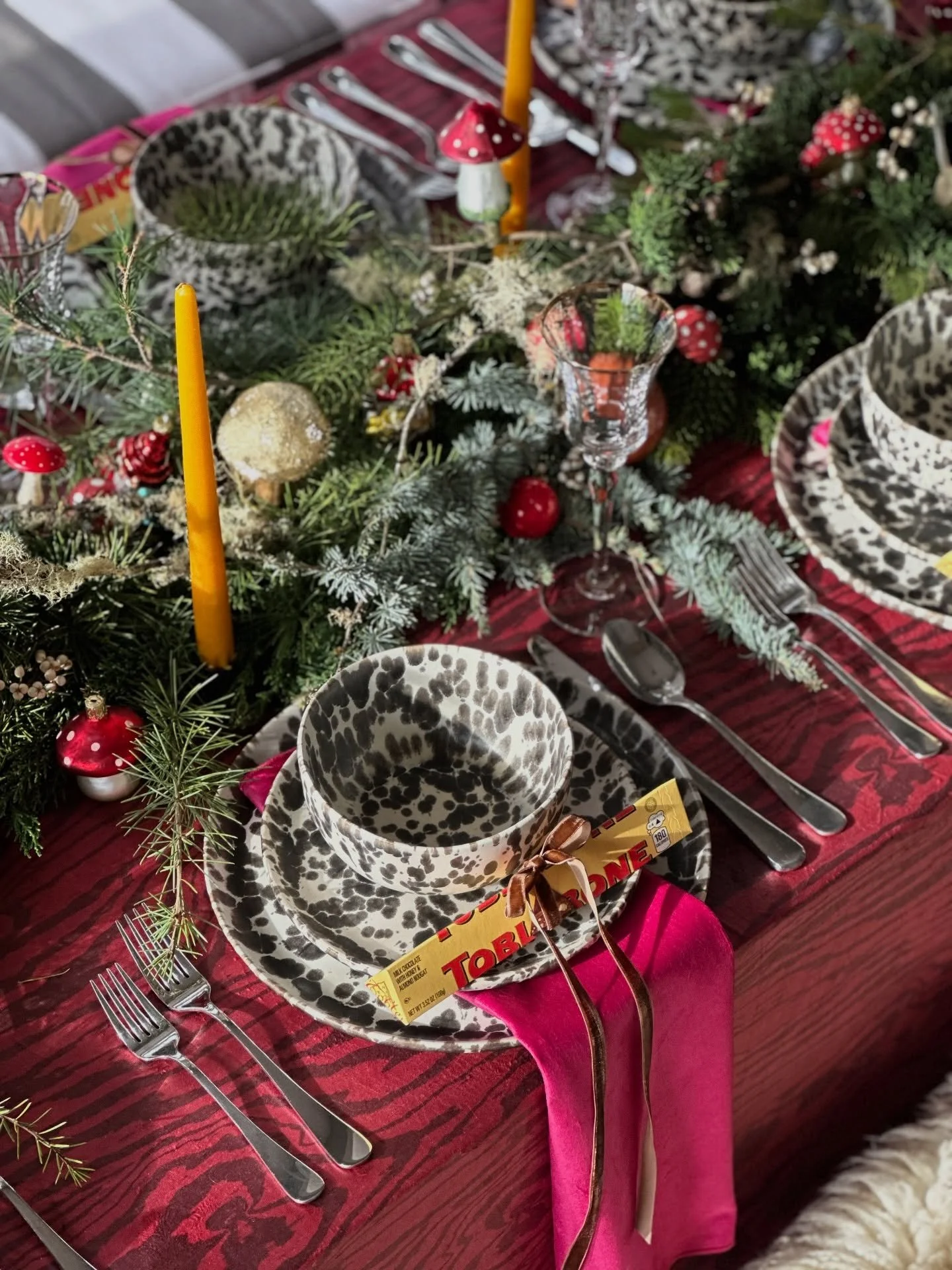 our christmas eve table was playful and colorful and whimsical and nostalgic. i usually put up a second tree at my own home, with all my magical woodland creatures, foragers and mushroom collection. i ran out of time and couldn&rsquo;t bear the thoug