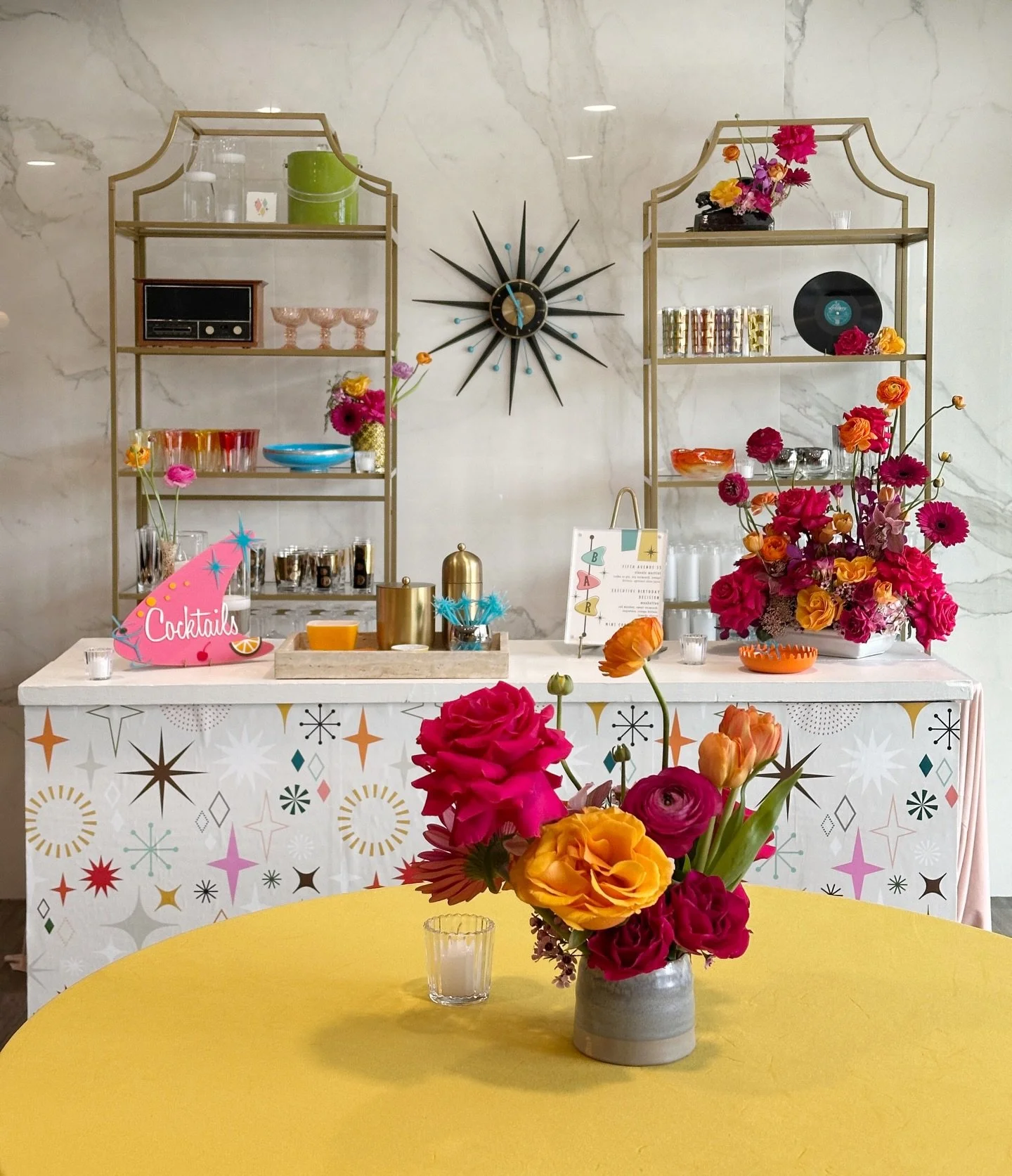 a mid century birthday celebration! Suzann celebrated her 55th with cocktails, color and vintage vibe. we partnered with @oneoffhospitality who served up martinis, grasshoppers, manhattans and a period appropriate menu of appetizers, and relish trays