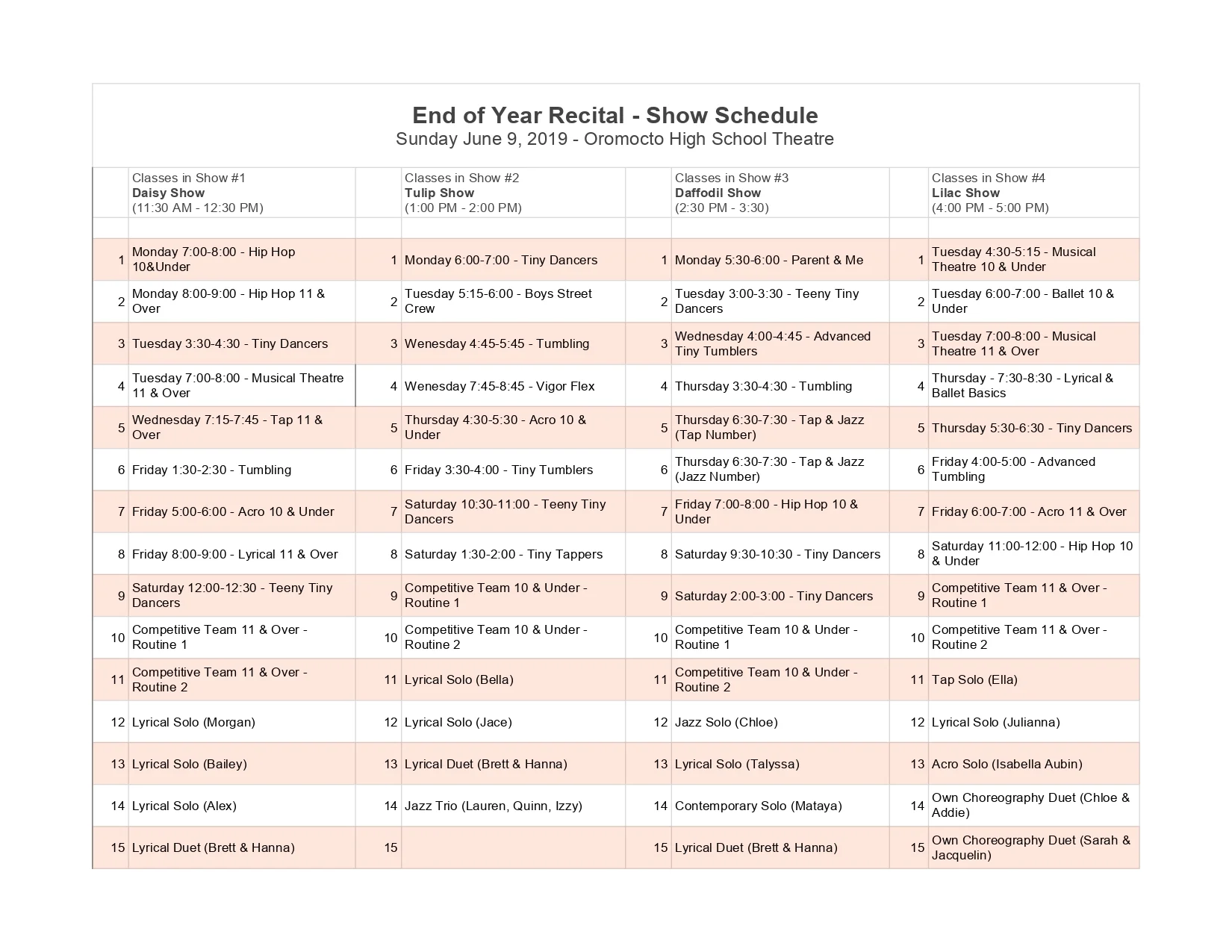 2019 end of year recital schedule oromocto dance school dance class schedule template