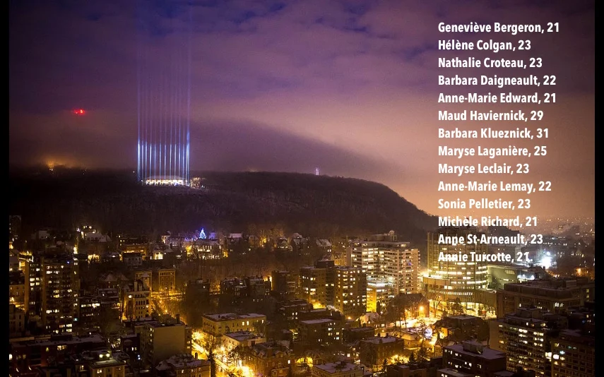 Commemorating the 25th anniversary of École Polytechnique massacre in Montreal, the 14 beams of light on Mount Royal represent 14 women murdered for daring to study engineering. Image Rémi St-Onge, Moment Factory; names added by Artists of the Aurora.