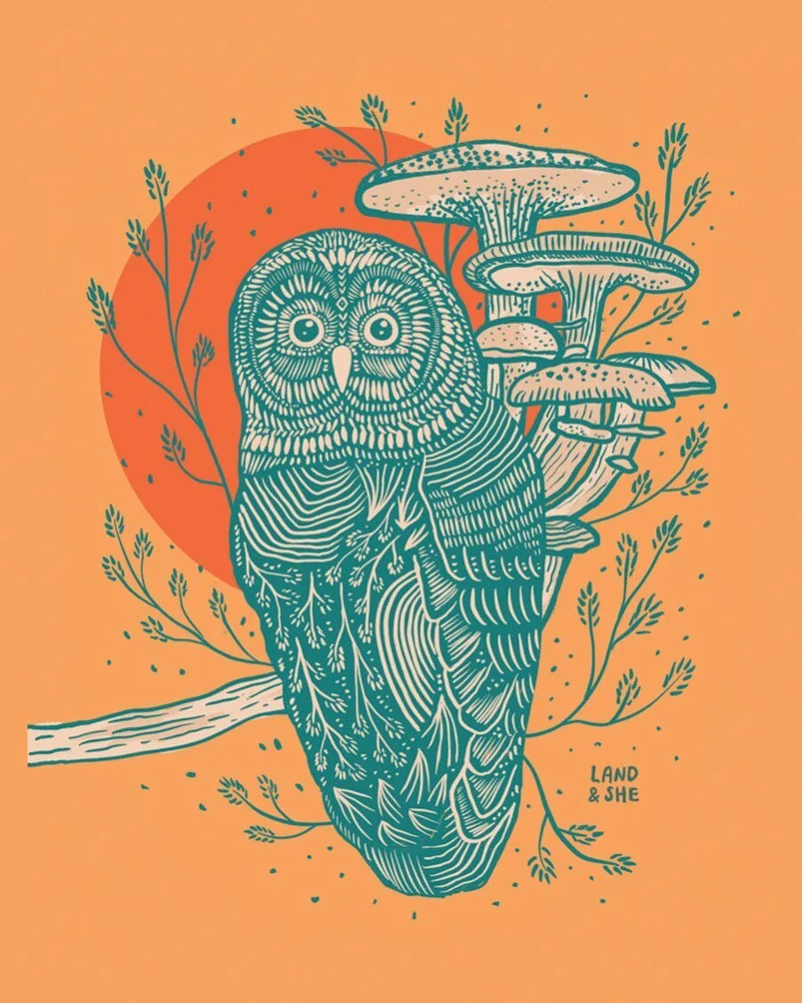 Wild Mushrooms &amp; Owl from artist Emily Kelly of Land and She Studio🦉 Find her prints &amp; some bandanas in our webstore 🕸