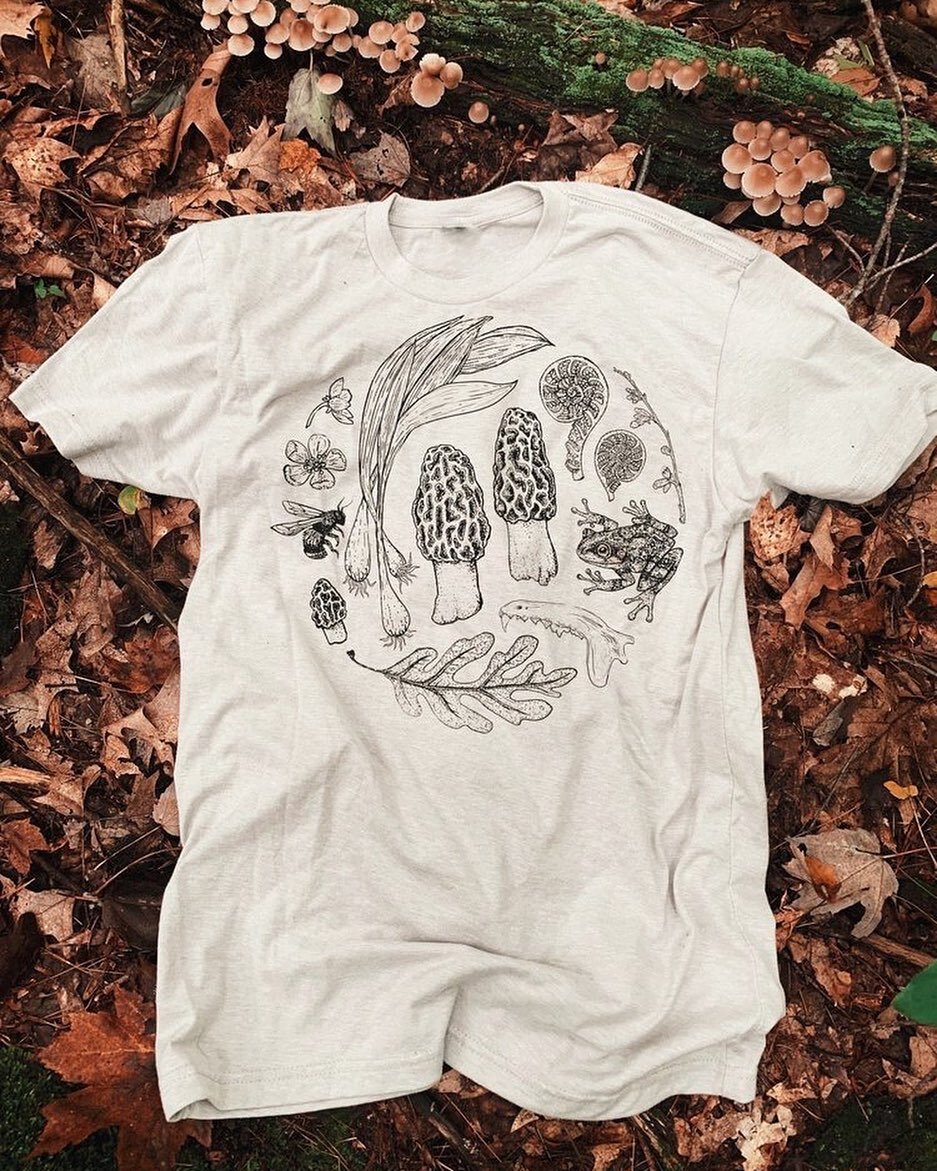 Hand Printed Morel tees to bring you luck and remind you of your favorite memories ✨