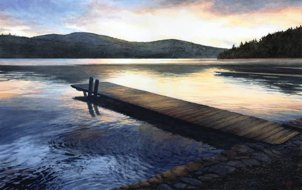 Sunrise on Bottle Bay, Lake Pend Oreille watercolor : 17 x 27" : print $300 : original sold