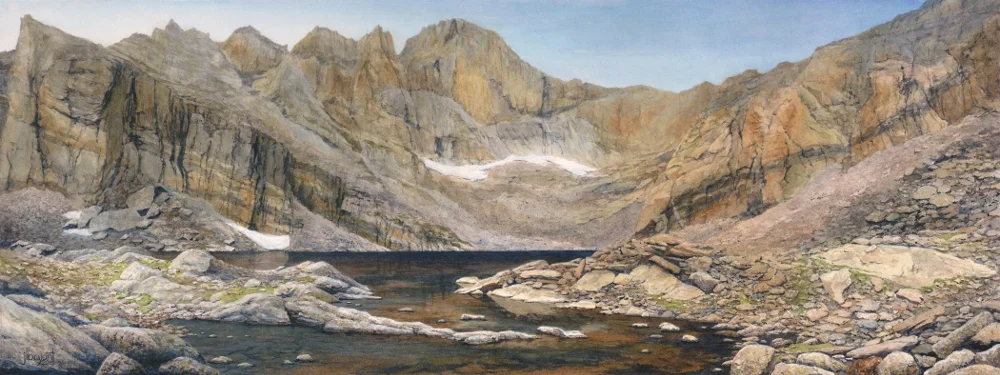 Chasm Lake, Rocky Mountain National Park watercolor : 10.5 x 28" : print $190 : original sold