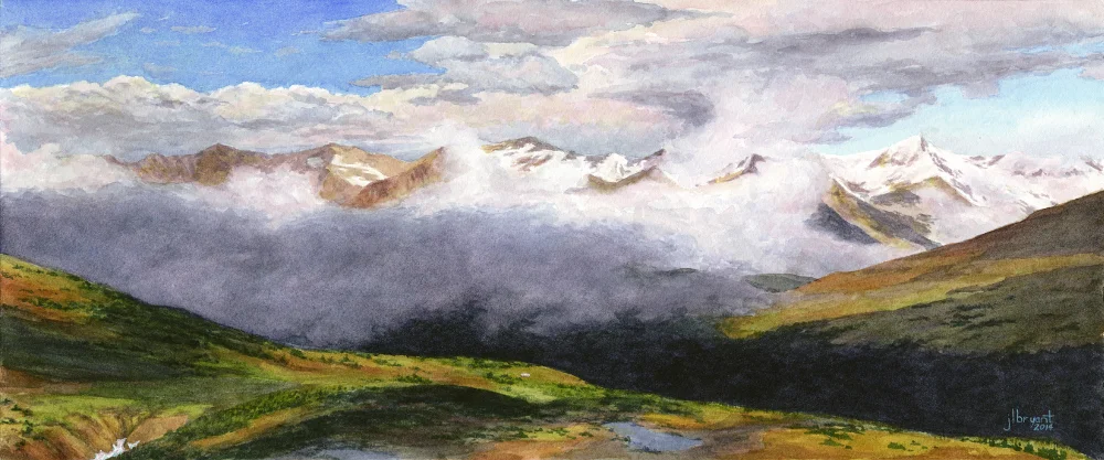 August in the Never Summer Range, Rocky Mountain National Park watercolor : 7.5 x 18" : print $140 : original sold