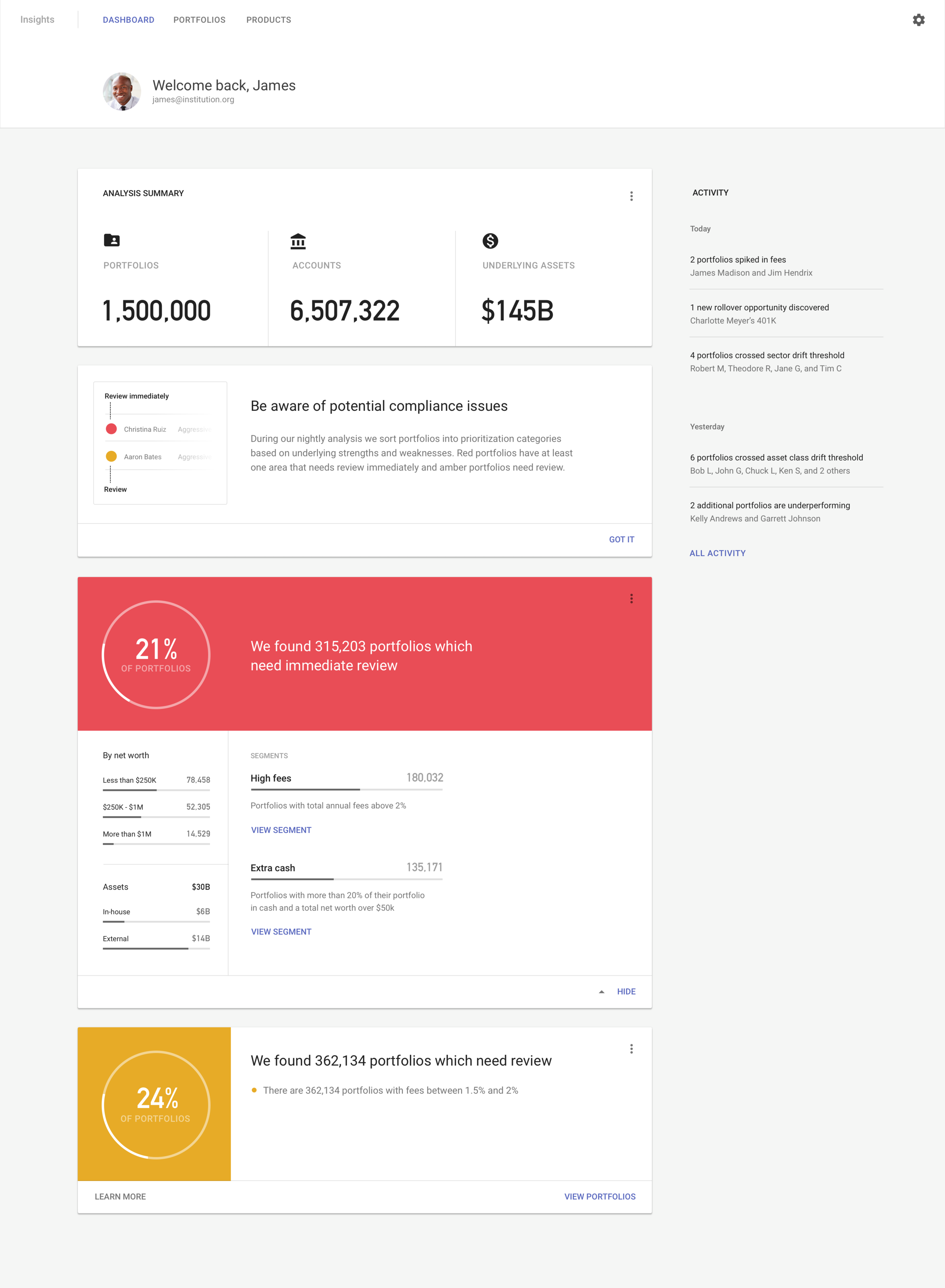 We experimented with card-based interfaces to make it easy to digest our analysis, and to guide users to what they may want to look into.