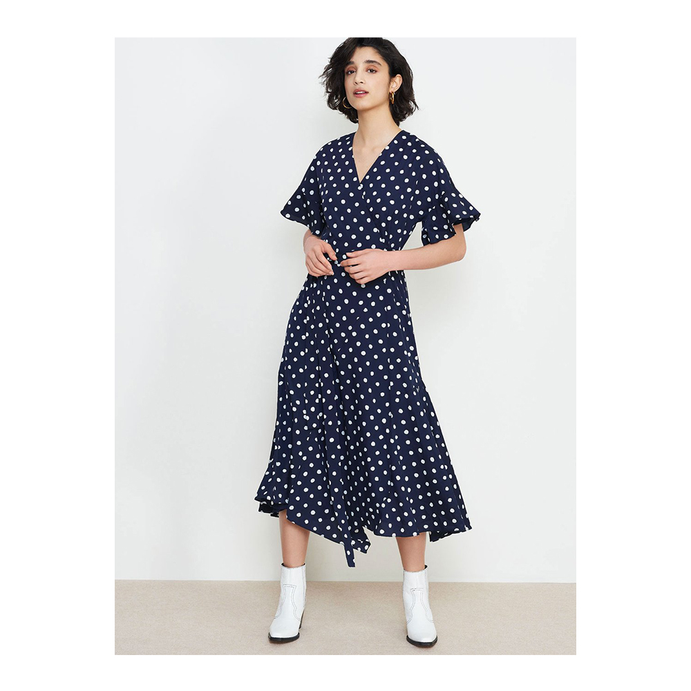 Navy polka dot wrap dress by Kitri £145