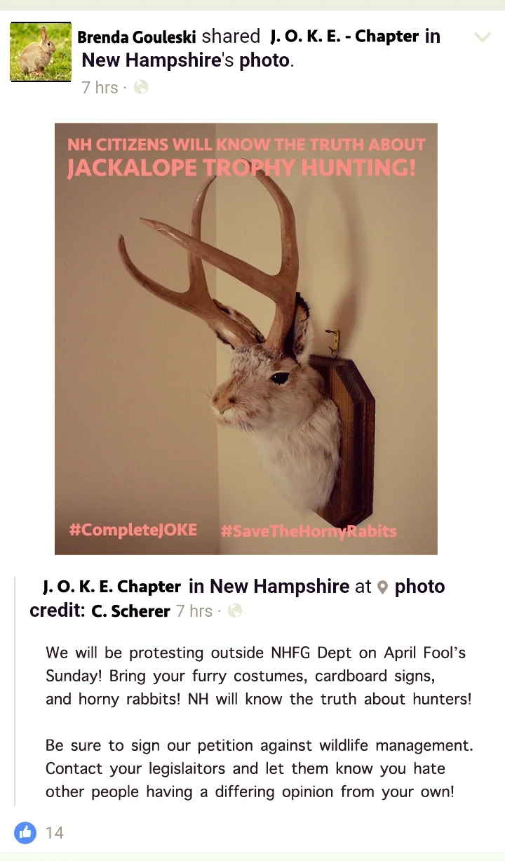 A recent social media post from NH-J.O.K.E. who plans to protest the Jackalope hunting season outside NHFG's Concord headquarters.