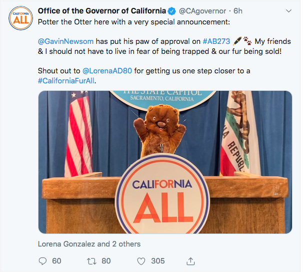 A screen-shot of the California Governor’s Office official Twitter page announcing Wednesday’s statewide trapping ban; supported and signed into law by Governor Newsom.