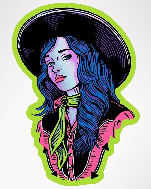 Ordering some new stickers and playing around with colors. Interested to get some of your opinions. Two different color ways here, fluorescent on foil verses a more traditional color palette. Thoughts? #art #design #illustration #americana #cowgirl #