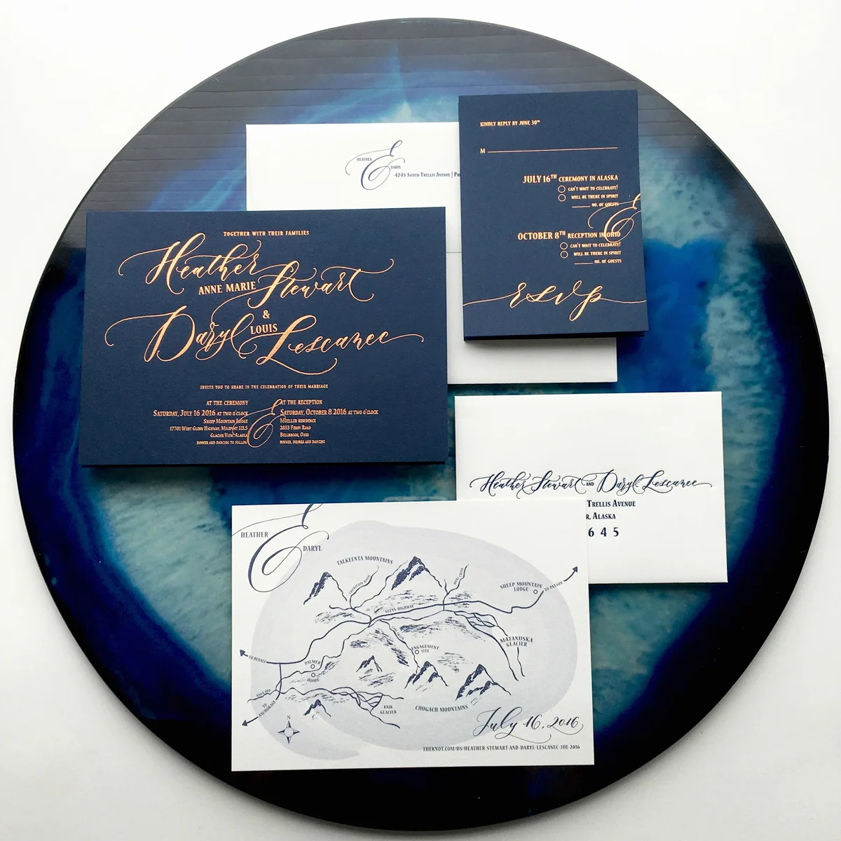copper and navy alaskan mountain wedding invitations